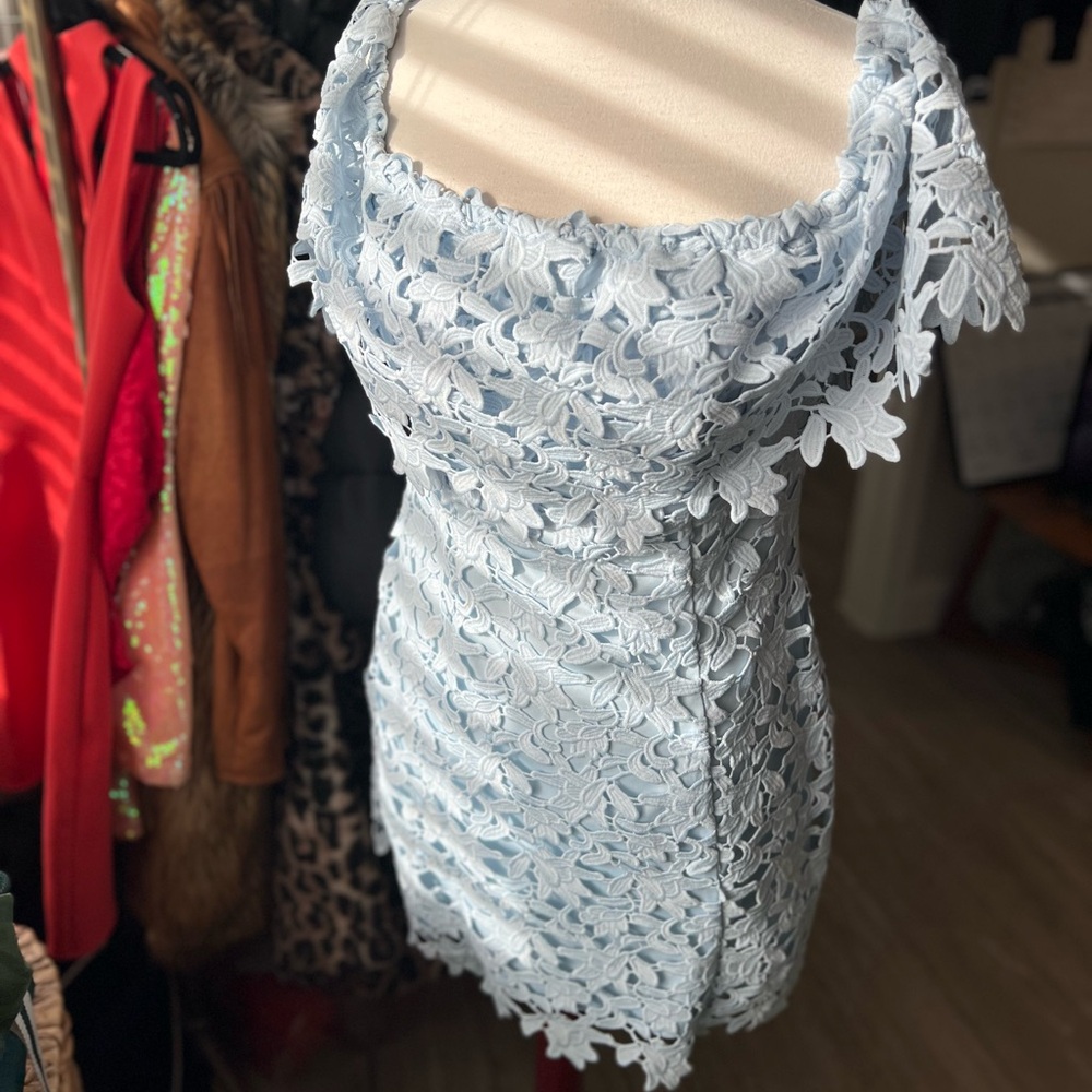 Off the shoulder Guess Light Blue Floral Lace Mini Dress L